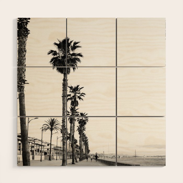 Playa de Valencia | Black and white photograph of the boulevard & beach | travel art Wood Wall Art Gallery Image 1