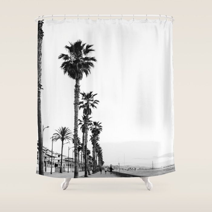 Playa de Valencia | Black and white photograph of the boulevard & beach | travel art Shower Curtain Gallery Image 1