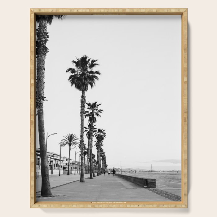 Playa de Valencia | Black and white photograph of the boulevard & beach | travel art Serving Tray Gallery Image 1