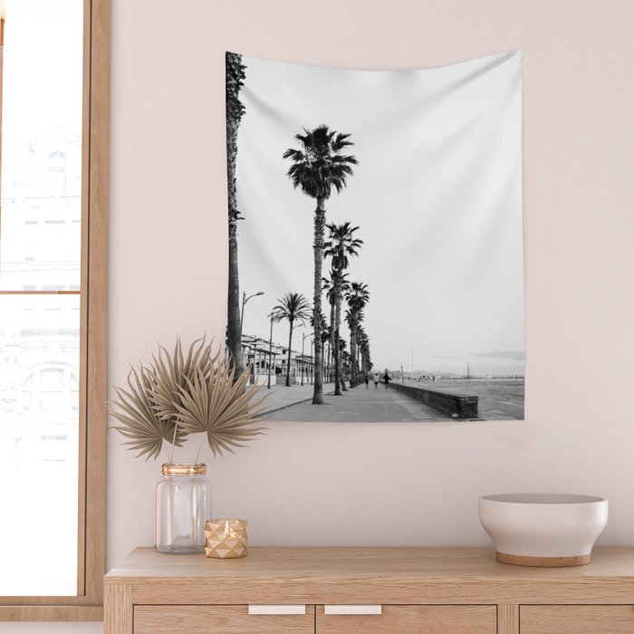 Playa de Valencia | Black and white photograph of the boulevard & beach | travel art Wall Tapestry Gallery Image 2