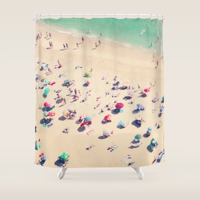 Aerial Beach Photography - Ocean Print - Colorful Beach Umbrellas - Sea photo by Ingrid Beddoes Shower Curtain Gallery Image 1