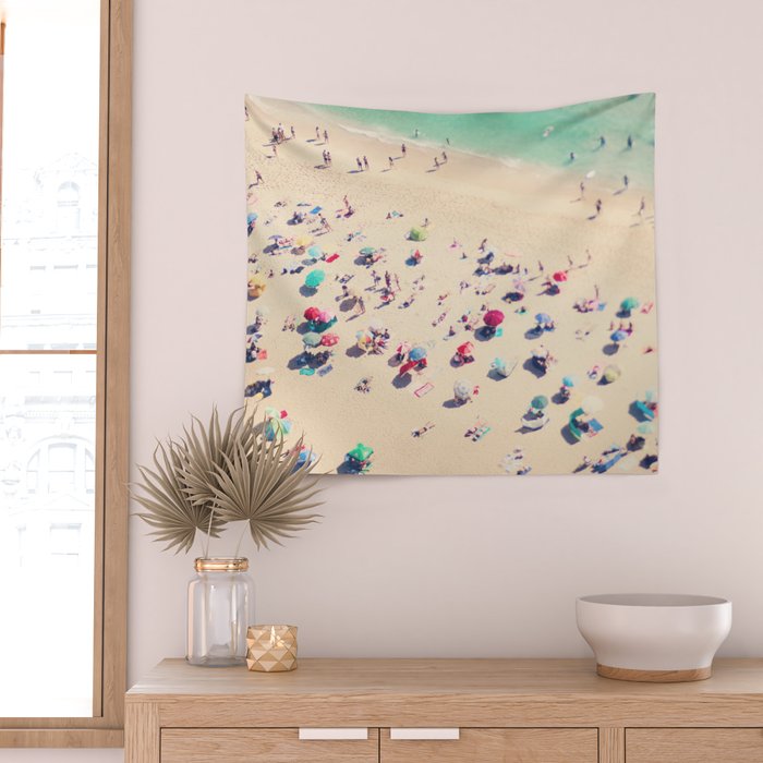 Aerial Beach Photography - Ocean Print - Colorful Beach Umbrellas - Sea photo by Ingrid Beddoes Wall Tapestry Gallery Image 2