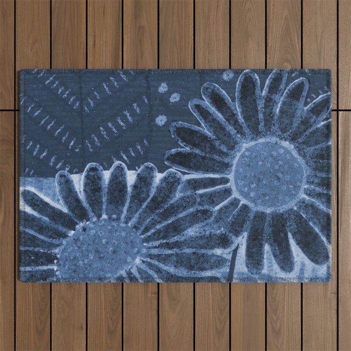 Daisies in Country Field Painting in Navy Blue Outdoor Rug Gallery Image 1