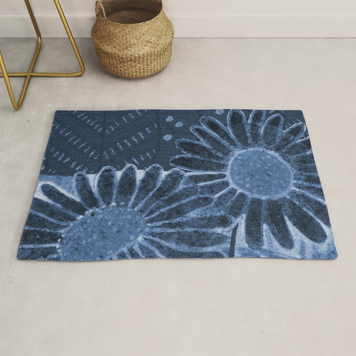 Daisies in Country Field Painting in Navy Blue Rug Gallery Image 1