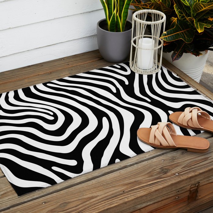 Abstract black and white stripe line pattern Outdoor Rug Gallery Image 2