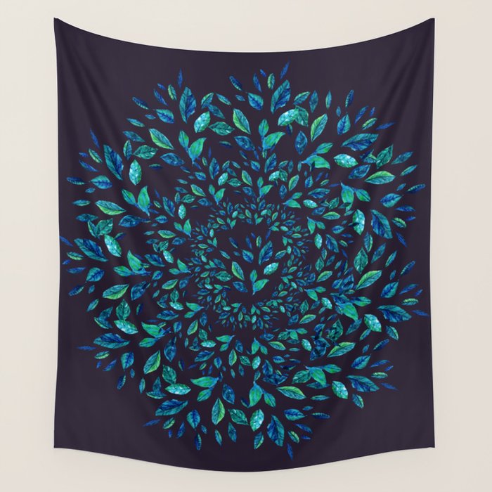 Blue Leaves Mandala Wall Tapestry Gallery Image 4