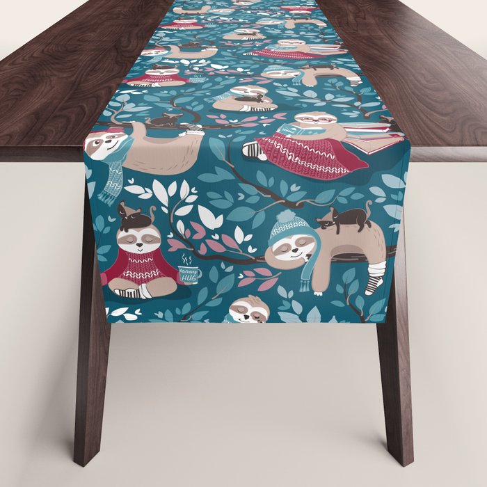 Hygge sloth // turquoise and red Table Runner Gallery Image 1