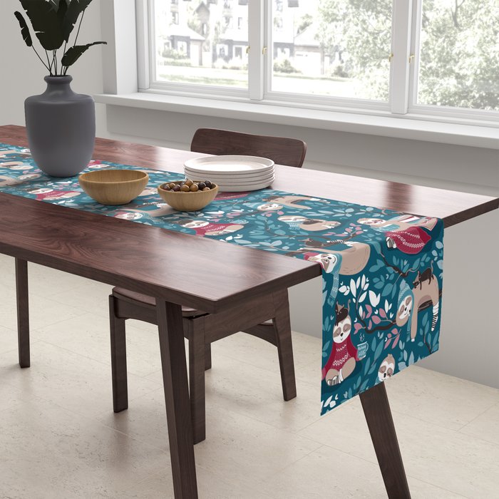 Hygge sloth // turquoise and red Table Runner Gallery Image 2