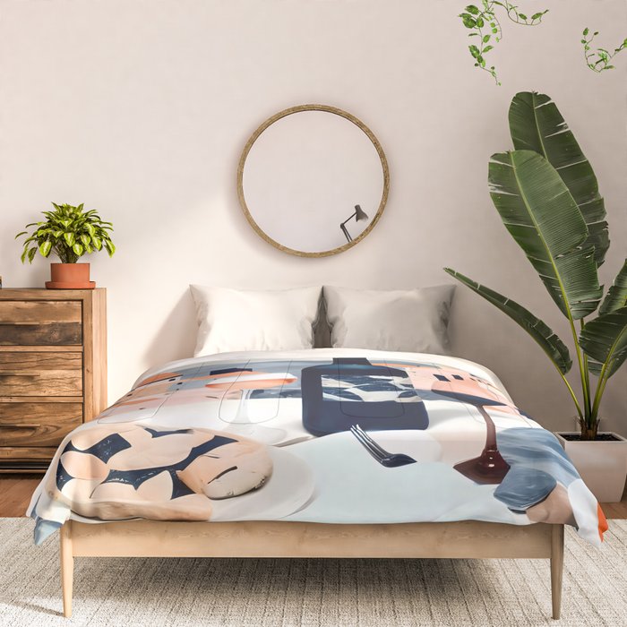 Lunch in Italy, Travel Italian Marble Abstract, Landscape Blush Indigo Texture, Wine Cheese Boho Food Table, Architecture Buildings Graphic Eclectic Painting Comforter Gallery Image 3