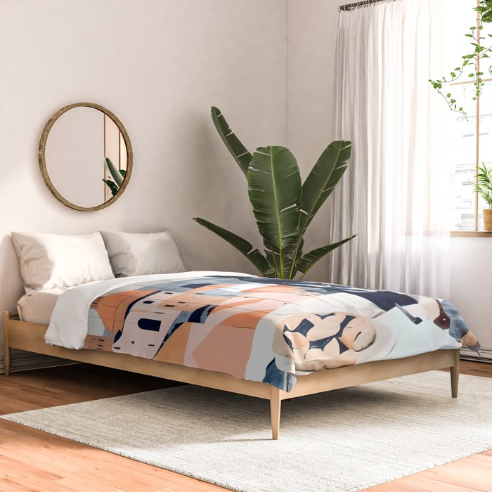 Lunch in Italy, Travel Italian Marble Abstract, Landscape Blush Indigo Texture, Wine Cheese Boho Food Table, Architecture Buildings Graphic Eclectic Painting Comforter Gallery Image 2