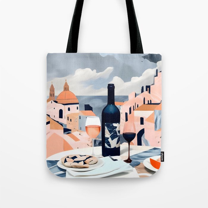 Lunch in Italy, Travel Italian Marble Abstract, Landscape Blush Indigo Texture, Wine Cheese Boho Food Table, Architecture Buildings Graphic Eclectic Painting Tote Bag Gallery Image 1