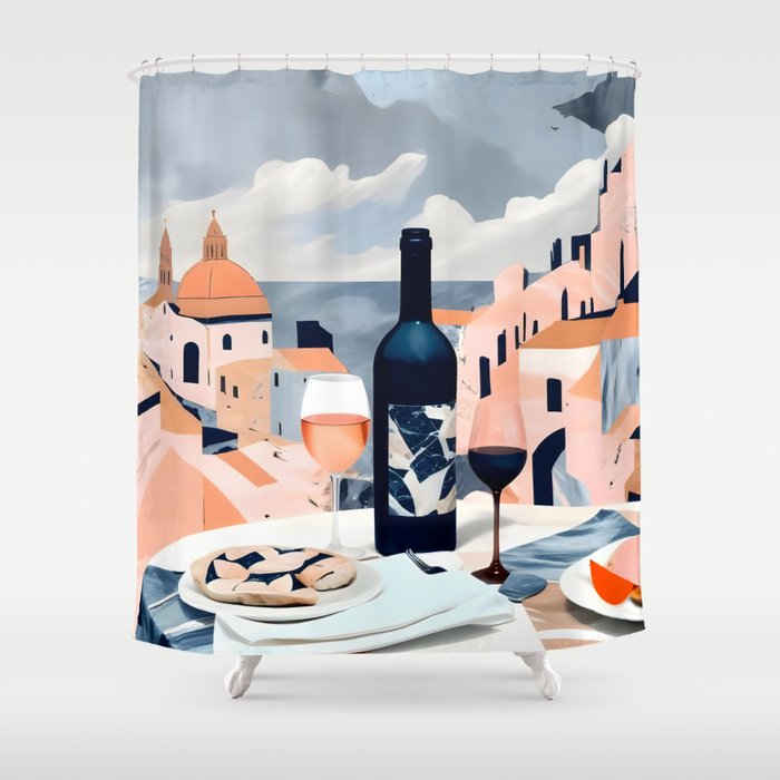 Lunch in Italy, Travel Italian Marble Abstract, Landscape Blush Indigo Texture, Wine Cheese Boho Food Table, Architecture Buildings Graphic Eclectic Painting Shower Curtain Gallery Image 1