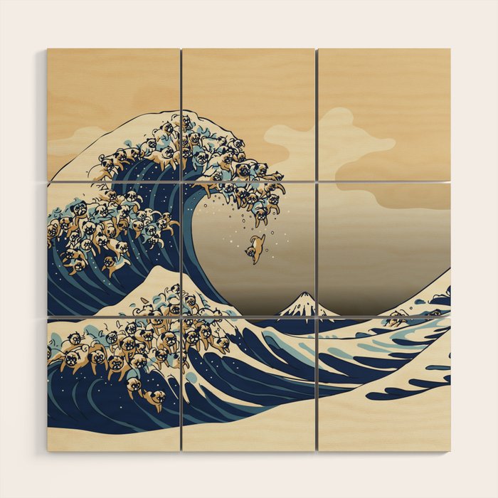 The Great Wave of Pugs Vanilla Sky Wood Wall Art Gallery Image 1