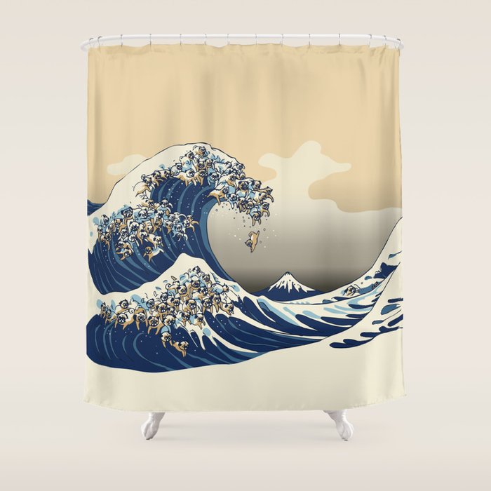 The Great Wave of Pugs Vanilla Sky Shower Curtain Gallery Image 1