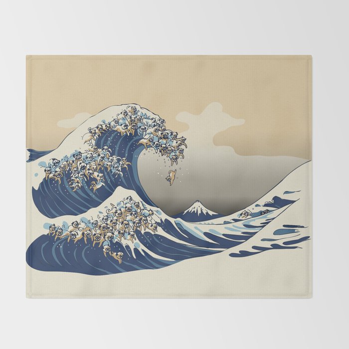 The Great Wave of Pugs Vanilla Sky Throw Blanket Gallery Image 2