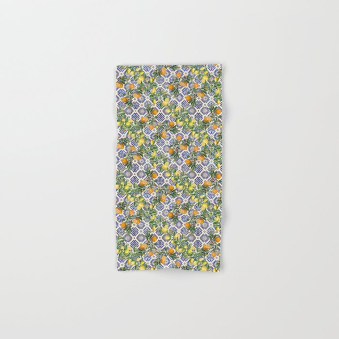 Sicilian Citrus, Mediterranean tiles, vintage lemons and orange fruit pattern Bath Towel Gallery Image 1