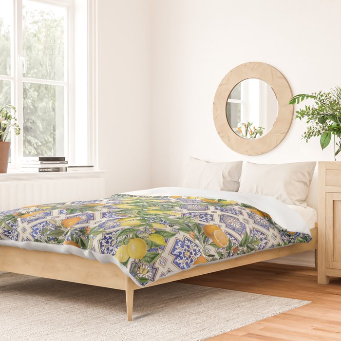 Sicilian Citrus, Mediterranean tiles, vintage lemons and orange fruit pattern Duvet Cover Gallery Image 2