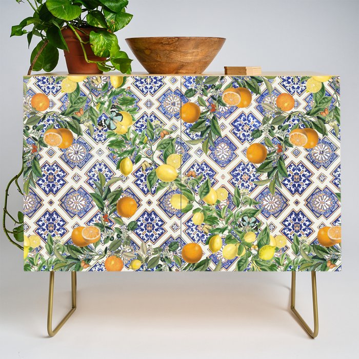 Sicilian Citrus, Mediterranean tiles, vintage lemons and orange fruit pattern Credenza Gallery Image 1