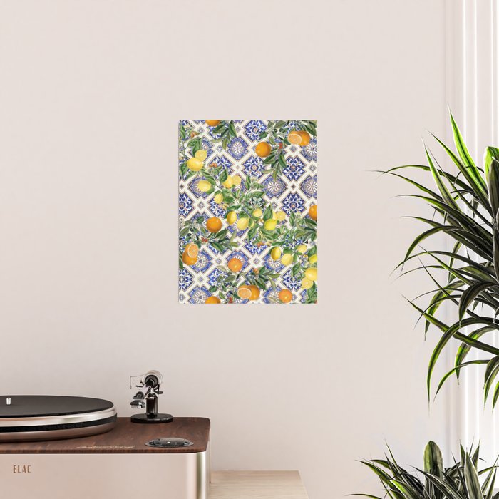 Sicilian Citrus, Mediterranean tiles, vintage lemons and orange fruit pattern Poster Gallery Image 2