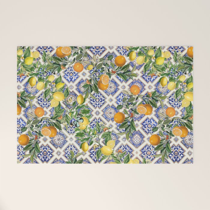 Sicilian Citrus, Mediterranean tiles, vintage lemons and orange fruit pattern Welcome Mat Gallery Image 1