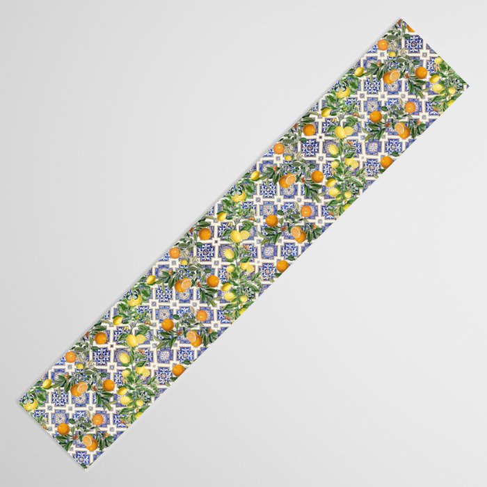 Sicilian Citrus, Mediterranean tiles, vintage lemons and orange fruit pattern Table Runner Gallery Image 3