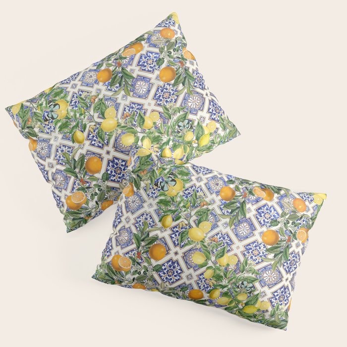 Sicilian Citrus, Mediterranean tiles, vintage lemons and orange fruit pattern Pillow Sham Gallery Image 3