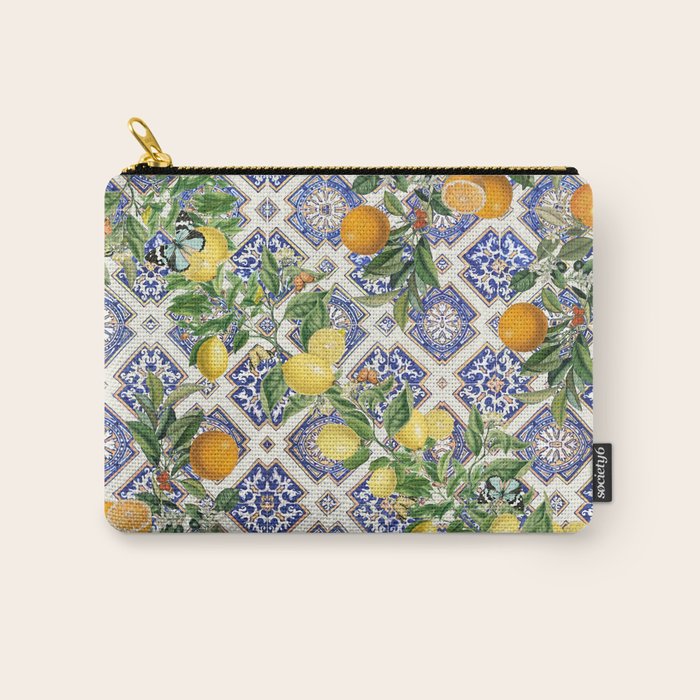 Sicilian Citrus, Mediterranean tiles, vintage lemons and orange fruit pattern Carry All Pouch Gallery Image 1