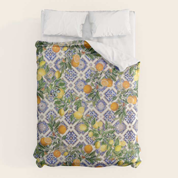 Sicilian Citrus, Mediterranean tiles, vintage lemons and orange fruit pattern Duvet Cover Gallery Image 1