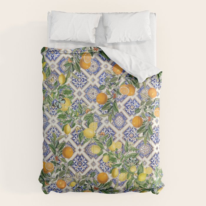 Sicilian Citrus, Mediterranean tiles, vintage lemons and orange fruit pattern Comforter Gallery Image 6