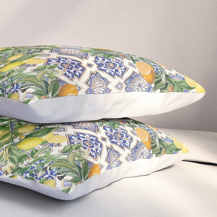 Sicilian Citrus, Mediterranean tiles, vintage lemons and orange fruit pattern Pillow Sham Gallery Image 3