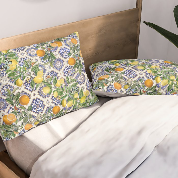 Sicilian Citrus, Mediterranean tiles, vintage lemons and orange fruit pattern Pillow Sham Gallery Image 2