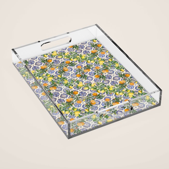 Sicilian Citrus, Mediterranean tiles, vintage lemons and orange fruit pattern Acrylic Tray Gallery Image 1