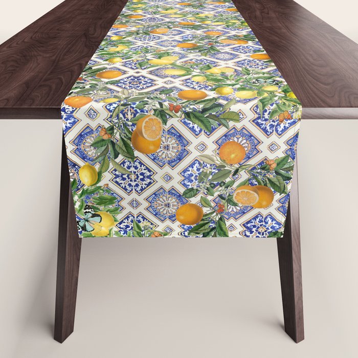 Sicilian Citrus, Mediterranean tiles, vintage lemons and orange fruit pattern Table Runner Gallery Image 1