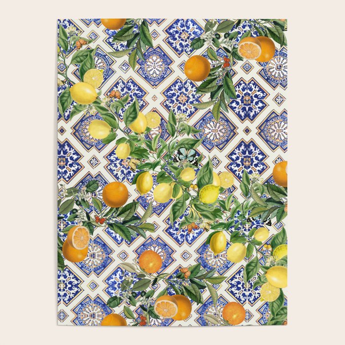 Sicilian Citrus, Mediterranean tiles, vintage lemons and orange fruit pattern Poster Gallery Image 1