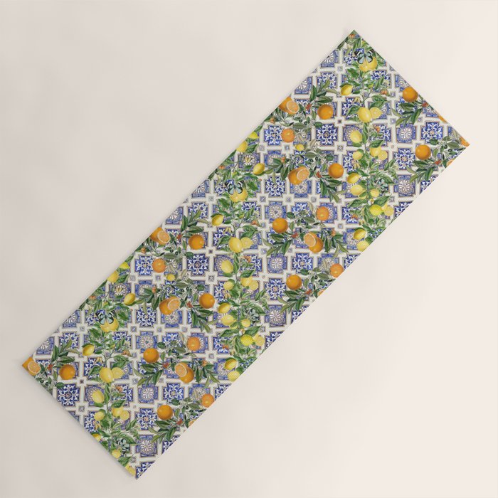 Sicilian Citrus, Mediterranean tiles, vintage lemons and orange fruit pattern Yoga Mat Gallery Image 1