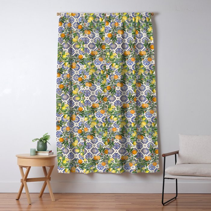 Sicilian Citrus, Mediterranean tiles, vintage lemons and orange fruit pattern Window Curtain Gallery Image 5