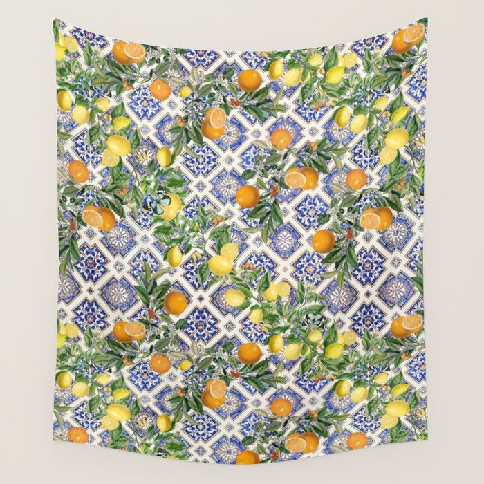 Sicilian Citrus, Mediterranean tiles, vintage lemons and orange fruit pattern Wall Tapestry Gallery Image 4