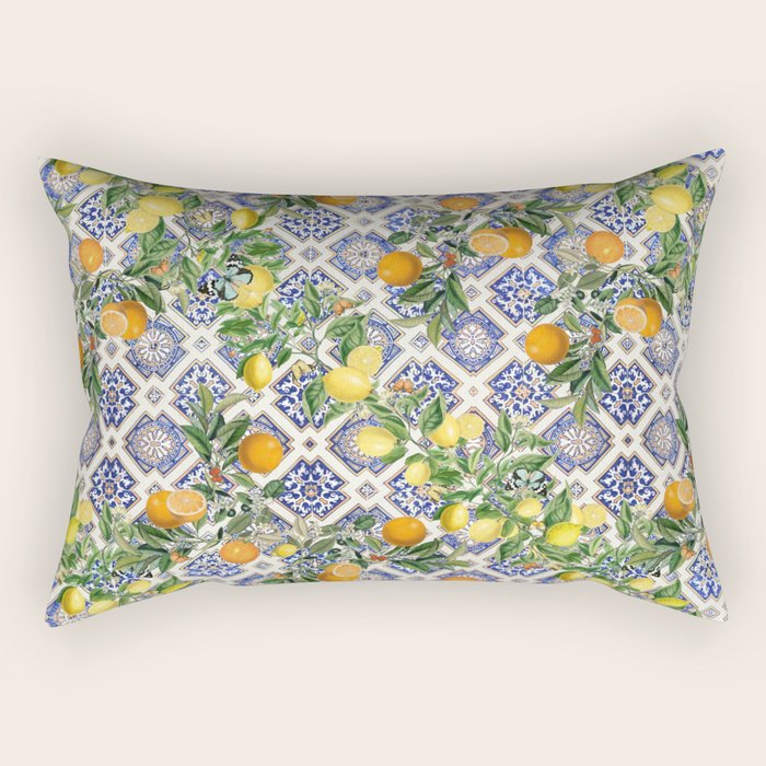 Sicilian Citrus, Mediterranean tiles, vintage lemons and orange fruit pattern Rectangular Pillow Gallery Image 1
