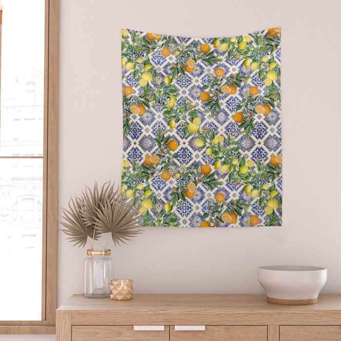 Sicilian Citrus, Mediterranean tiles, vintage lemons and orange fruit pattern Wall Tapestry Gallery Image 2