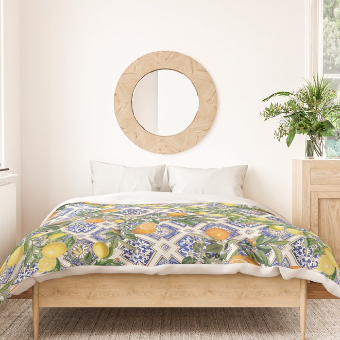 Sicilian Citrus, Mediterranean tiles, vintage lemons and orange fruit pattern Duvet Cover Gallery Image 3