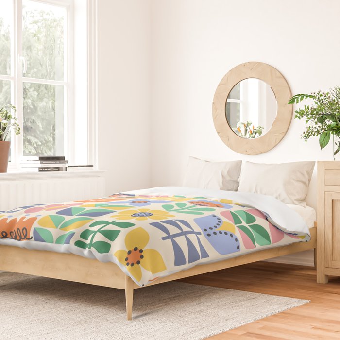 Retro Folk and Floral Colorful Pastel Flower Grid Cream Duvet Cover Gallery Image 2