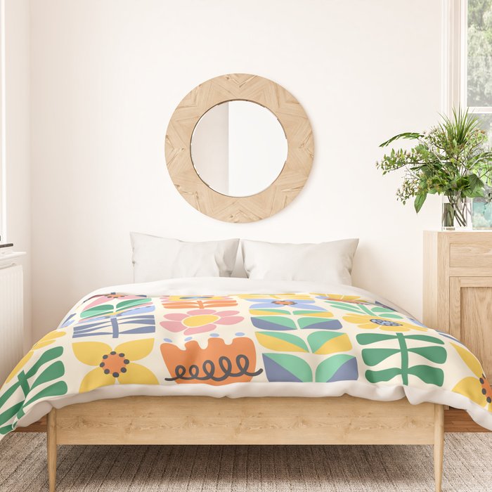 Retro Folk and Floral Colorful Pastel Flower Grid Cream Duvet Cover Gallery Image 3