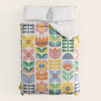 Retro Folk and Floral Colorful Pastel Flower Grid Cream Duvet Cover Gallery Image 6