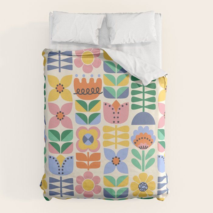 Retro Folk and Floral Colorful Pastel Flower Grid Cream Duvet Cover Gallery Image 6