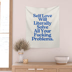Self Love - Funny Inspirational Quote, Blue Typography Wall Tapestry Gallery Image 2