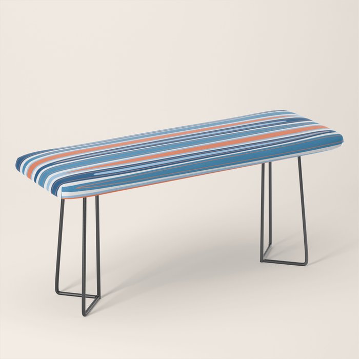 Mid Century Modern Vintage Inspired Stripes in Classic Blues and Muted Orange Bench Gallery Image 1