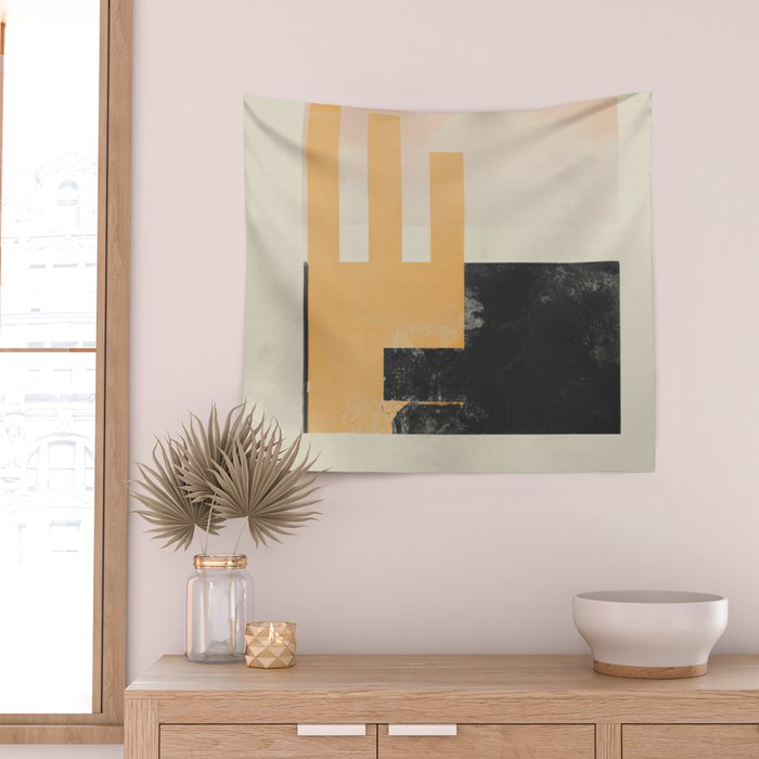 Minimal Abstract mixed-media piece in beige and black colors Wall Tapestry Gallery Image 2