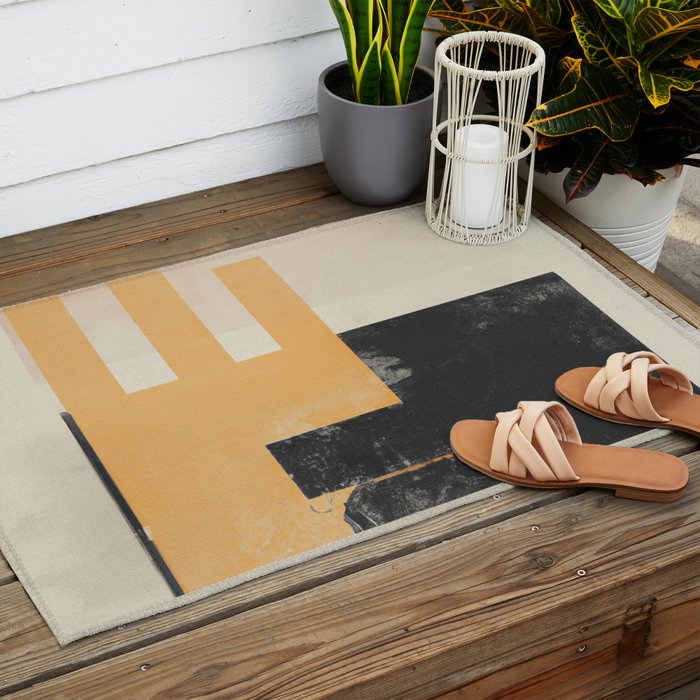 Minimal Abstract mixed-media piece in beige and black colors Outdoor Rug Gallery Image 2