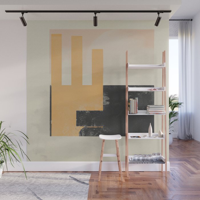 Minimal Abstract mixed-media piece in beige and black colors Wall Mural Gallery Image 1