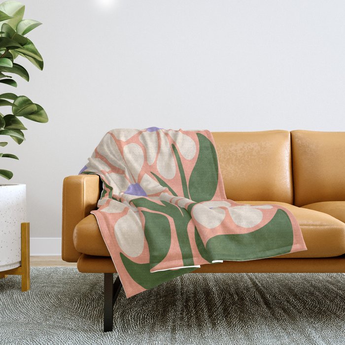 Oh, Daisy! Peach, off-white, purple and green Throw Blanket Gallery Image 1